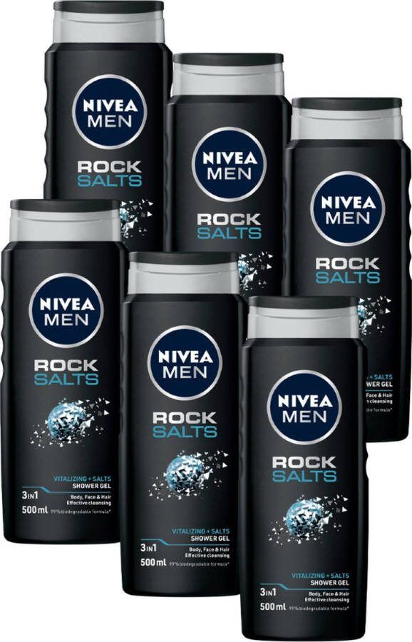 NIVEA MEN Rock Salts Douchegel 3-in-1 Shower Gel Shampoo Voordeelverpakking 6x 500 ml