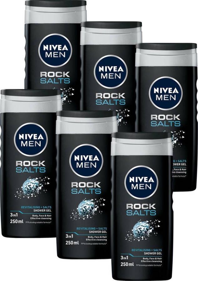 NIVEA MEN Rock Salts Shower Gel Douchegel 3-in-1 formule Voor dagelijks gebruik Voordeelverpakking van 6 x 250 ml