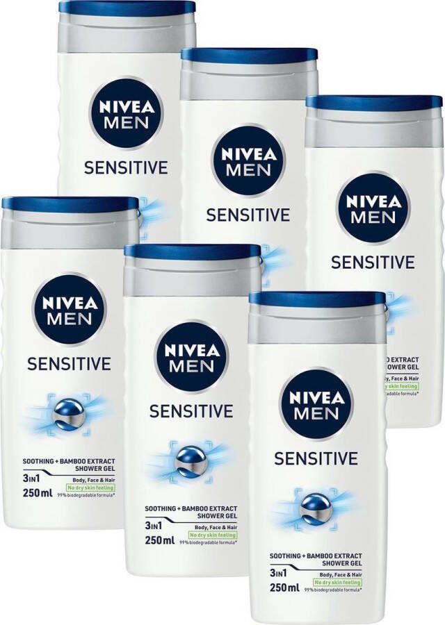 NIVEA MEN Sensitive Douchegel 3-in-1 Shower Gel Shampoo Voordeelverpakking 6 x 250 ml