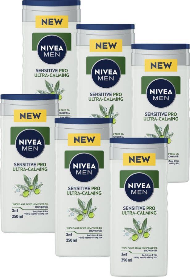 NIVEA MEN Sensitive Pro Ultra Calming Hemp Douchegel 3-in-1 Shower Gel Met vitamine E en hennepzaadolie Shampoo- Voordeelverpakking 6 x 250 ml
