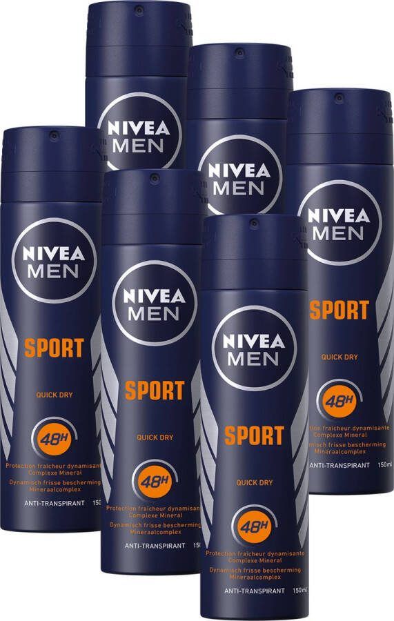 NIVEA MEN Sport Deodorant Spray Quick Dry Anti-Transpirant 6 x 150 ml Voordeelverpakking