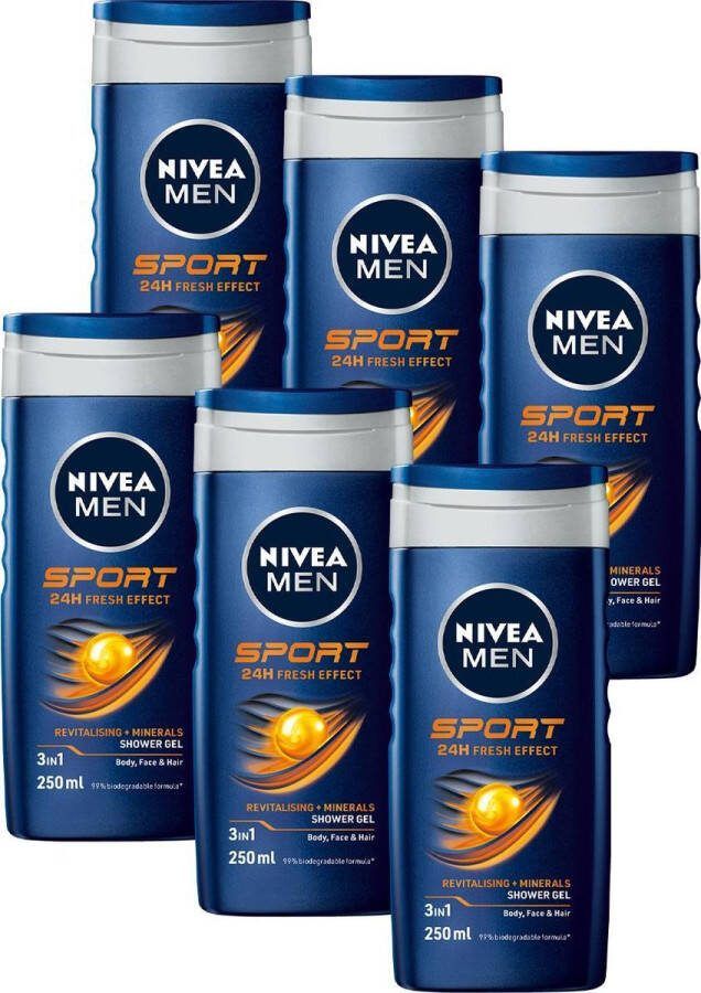 NIVEA MEN Sport Douchegel 3-in-1 Shower Gel Met Limoengeur Shampoo Voordeelverpakking 6 x 250 ml