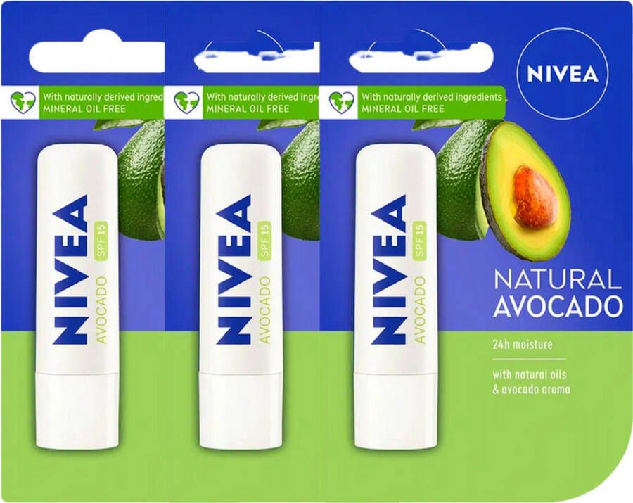NIVEA Natural Avocado Lippenbalsem 3 x 5 ml Stick Lipbalsem Lipbalm Lipverzorging SPF 15 Verrijkt met Avocado olie