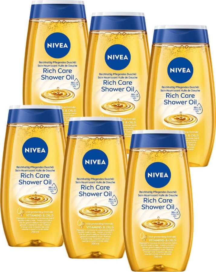 NIVEA Natural Shower Oil Hydraterende doucheolie Met Vitaminen C en E Voordeelverpakking van 6x 200 ml