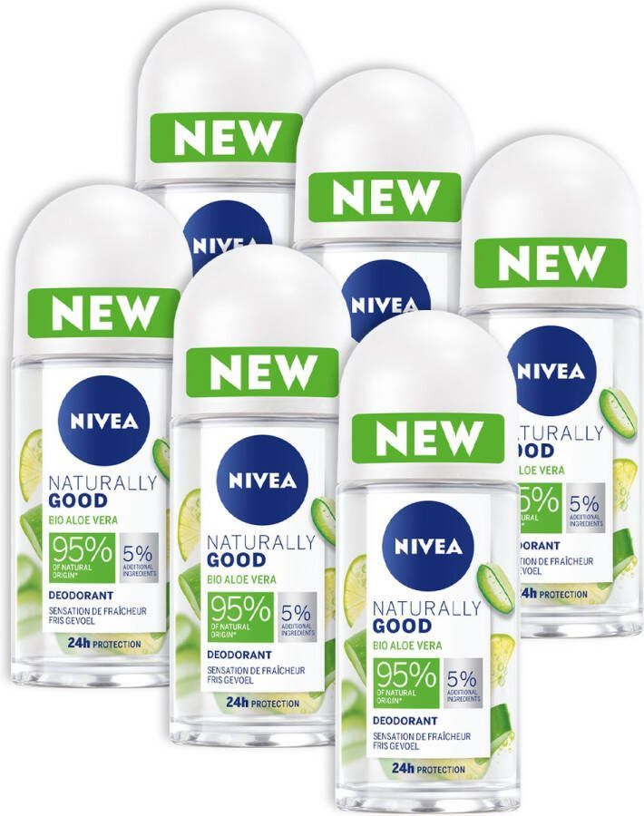 NIVEA Naturally Good Bio Anti-Transpirant Deo Roller Aloe Vera Deodorant 6 x 50 ml Voordeelverpakking