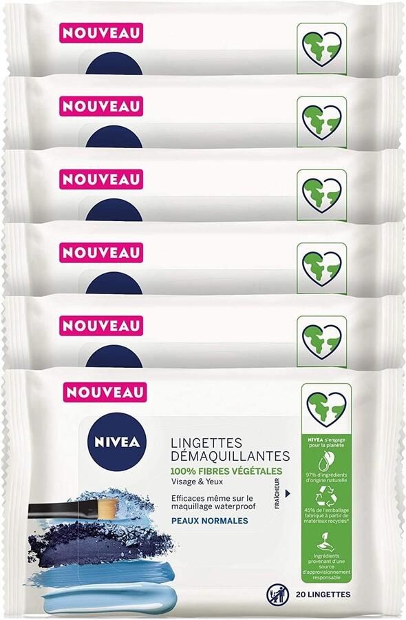 NIVEA 3-in-1 Verfrissende Reinigingsdoekjes Make-up Remover Doekjes Geschikt voor waterproof make-up Lotusbloemextract Gezicht Wassen 6 x 20 stuks