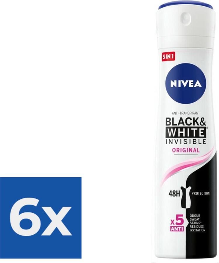 NIVEA Deodorant Spray Invisible For Black & White Clear 150 ml Voordeelverpakking 6 stuks