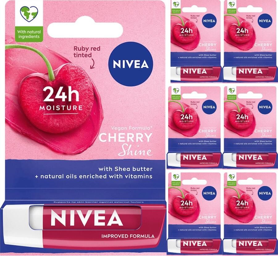 NIVEA Lippenbalsem Cherry Shine 6 x 4.8g Verbeterde Vegan Formule Shea Boter en Natuurlijke Olien Verrijkt Met vitaminen Lipbalm