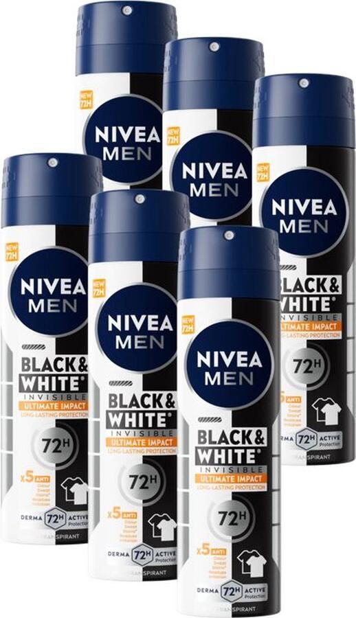 NIVEA MEN Black & White Ultimate Impact Deodorant Spray Deo Anti-Transpirant Voordeelverpakking 6 x 150ml