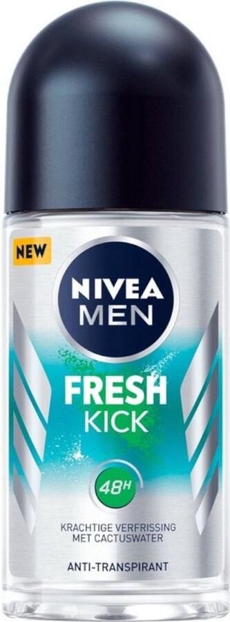NIVEA MEN Fresh Kick Anti-Transpirant Roll-On Deodorant 48 uur bescherming Met cactuswater Alcoholvrij 3 x 50 ml Voordeelverpakking