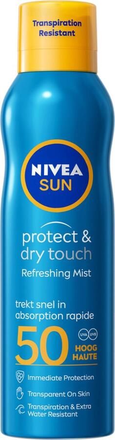 NIVEA SUN Protect & Dry Touch Vernevelende Zonnebrand Spray SPF50 Zonnespray Transparant en Waterproof UVA UVB Zonbescherming 200ml