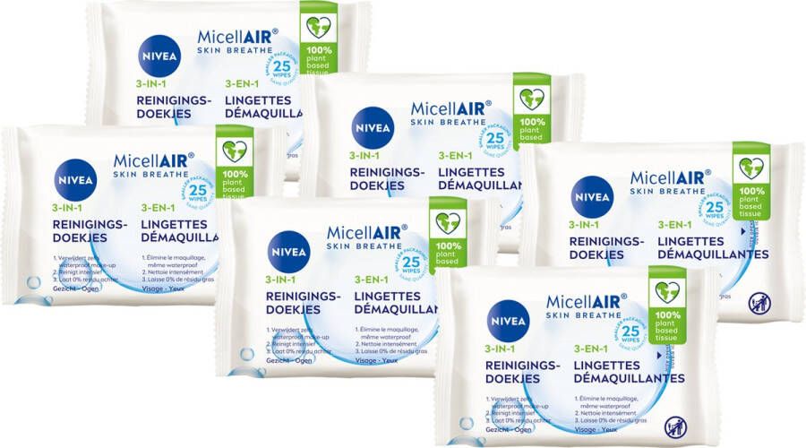 NIVEA 3-in-1 Skin Breathe Micellair Reinigingsdoekjes Vitamine E Geschikt voor waterproof make-up 6 x 25 doekjes