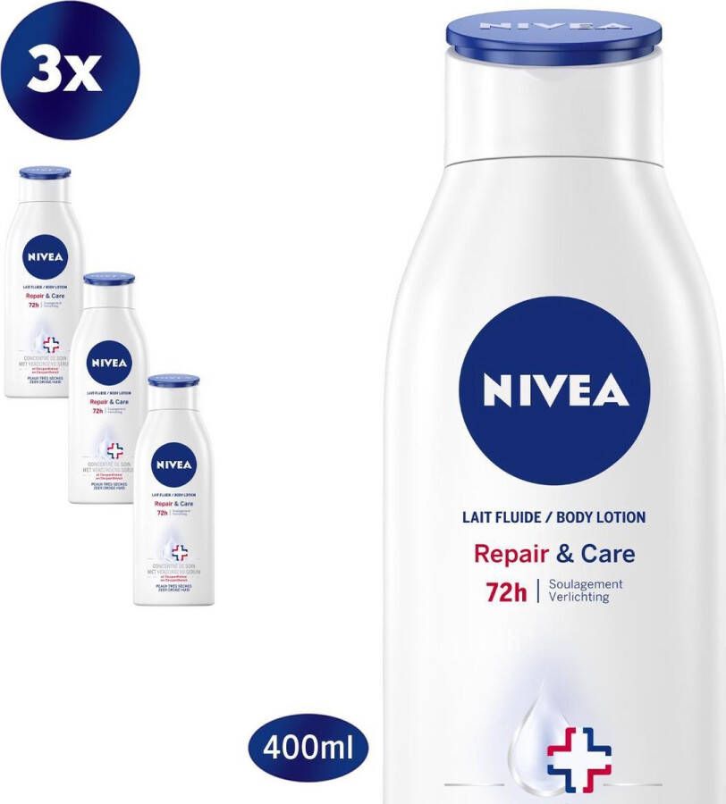 NIVEA Repair & Care Bodylotion Body Care Zeer droge huid Hydrateert 72 uur lang Bevat verzachtend panthenol 3 x 400 ml voordeelverpakking