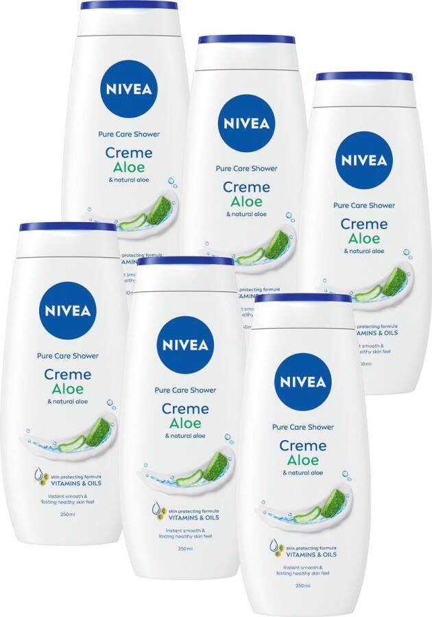 NIVEA SHOWER Creme Aloë Vera Douchecrème – Douchegel met 3 heilzame oliën Bevat vitamine C en E Voordeelverpakking 6 x 250 ml