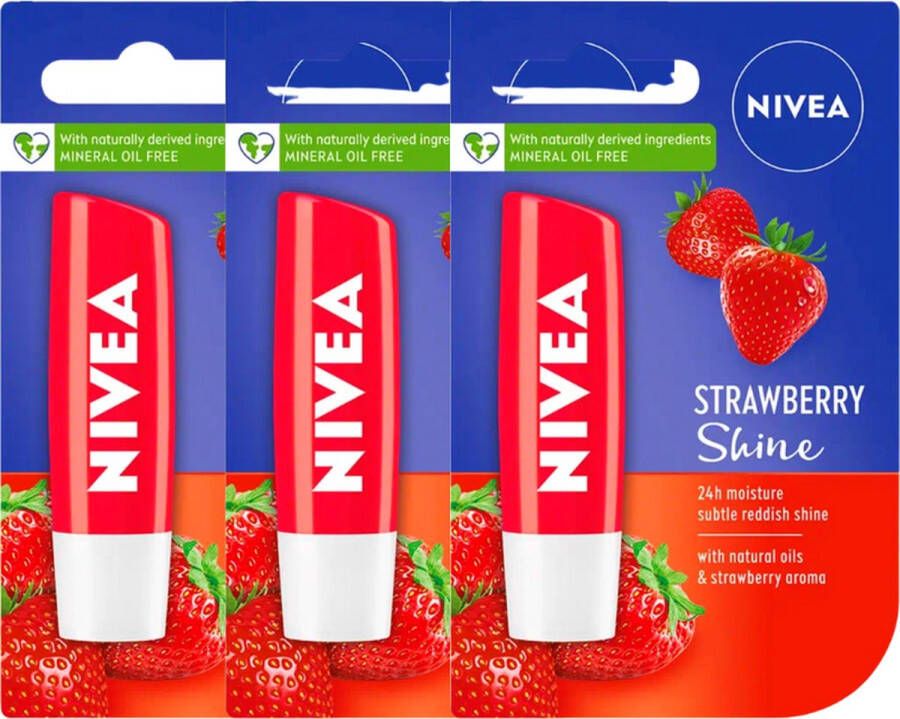 NIVEA Strawberry Shine Lippenbalsem 3 x 5 ml Stick Lipbalsem Lipbalm Lipverzorging Verrijkt met shea boter en bio jojoba olie