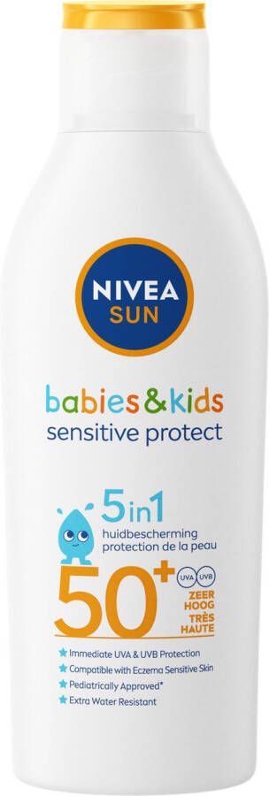 NIVEA Sun Babies & Kids Sensitive Protect Zonnebrand Melk SPF 50+ Parfumvrij Geschikt voor de huid met eczeem 200 ml