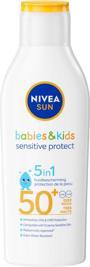 NIVEA SUN Babies & Kids Sensitive Protect Zonnebrand Melk Baby en Kind SPF 50+ Parfumvrij Geschikt voor de huid met eczeem Zonbescherming 200 ml