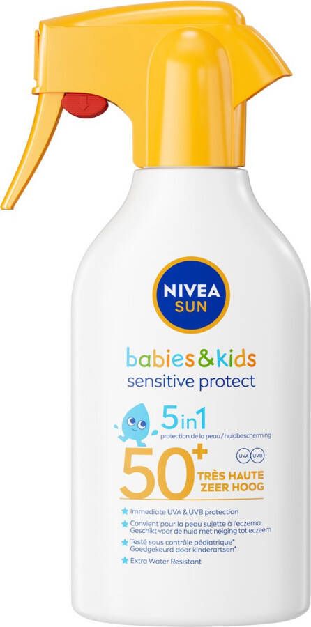 NIVEA SUN Babies & Kids Sensitive Protect Zonnebrand Spray Baby en Kind SPF 50+ Zonnespray Eczeemgevoelige huid Parfumvrij Zonbescherming Waterbestendig 270 ml