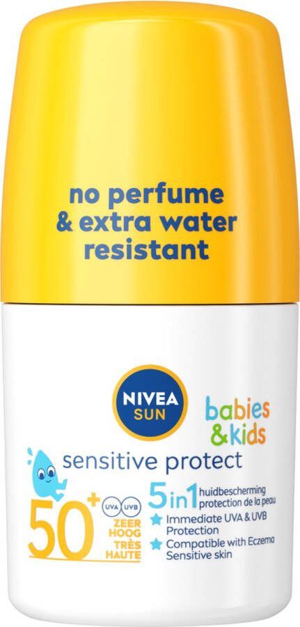 NIVEA SUN Babies & Kids Sensitive Roll-On Zonnebrand Stick Baby en Kind SPF Factor 50 Zonnestick Gevoelige huid Ongeparfumeerd Zonbescherming Extra waterbestendig 50 ml