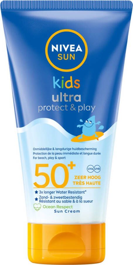 NIVEA SUN Kids Ultra Protect & Play Zonnebrand Lotion SPF 50+ Zeer waterproof en zandbestendig Zonnecreme voor Gezicht en Lichaam Met dexpanthenol Zonbescherming 150 ml