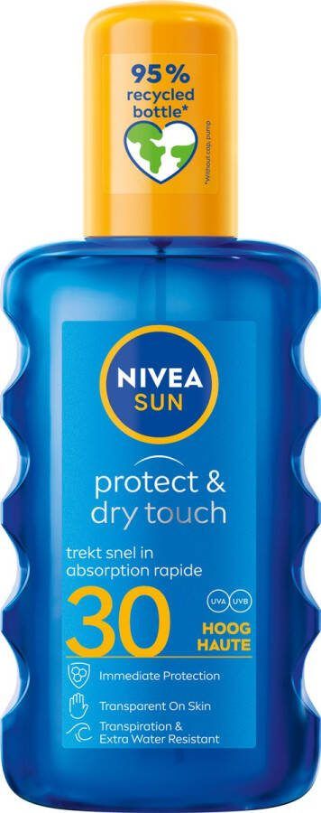 NIVEA SUN Protect & Dry Touch Transparante Zonnebrand Spray SPF 30 Zonnespray Waterbestendig Zonbescherming Geen witte strepen 200 ml