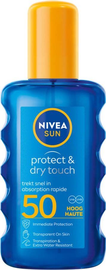 NIVEA SUN Protect & Dry Touch Transparante Zonnebrand Spray SPF 50 Trekt snel in Zonnespray Zonbescherming Waterbestendig 200 ml