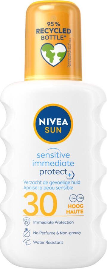 NIVEA SUN Sensitive Immediate Protect Zonnebrand Spray Gevoelige huid SPF 30 Zonnespray Met aloë vera en jojobaolie Zonbescherming 200 ml