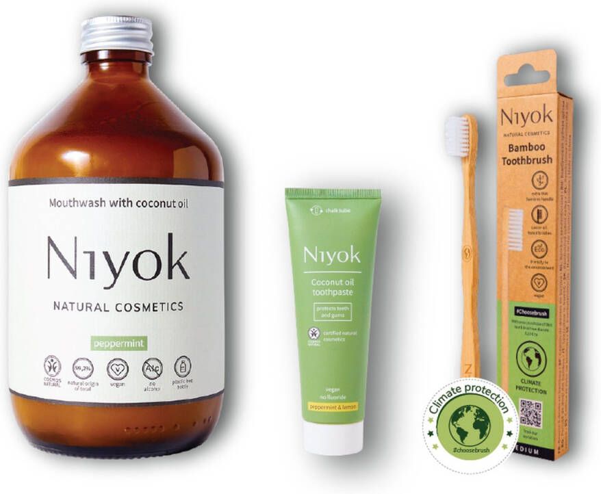 Niyok Milieuvriendelijke Benodigdheden: Kokosolie Mondwater 500 ml + Tandpasta en Tandenborstel