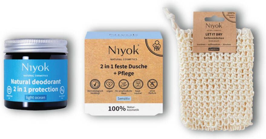 Niyok Set van Lichtblauwe Sereniteit: Natuurlijke Deodorant Douchezeepstaaf Gevoelige Moisturizer en Sisal Zak