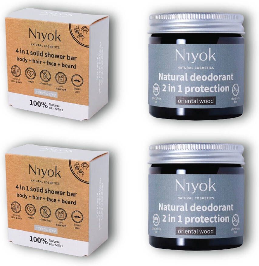 Niyok Ultimate Grooming Duo: 2x 4-in-1 Shower Bar + 2x Natural Deodorant in Oriental Wood Scent