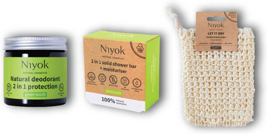 Niyok Verwennerij met Green Touch: Natuurlijke Deodorant Douchezeepstaaf Moisturizer en Sisal Zak