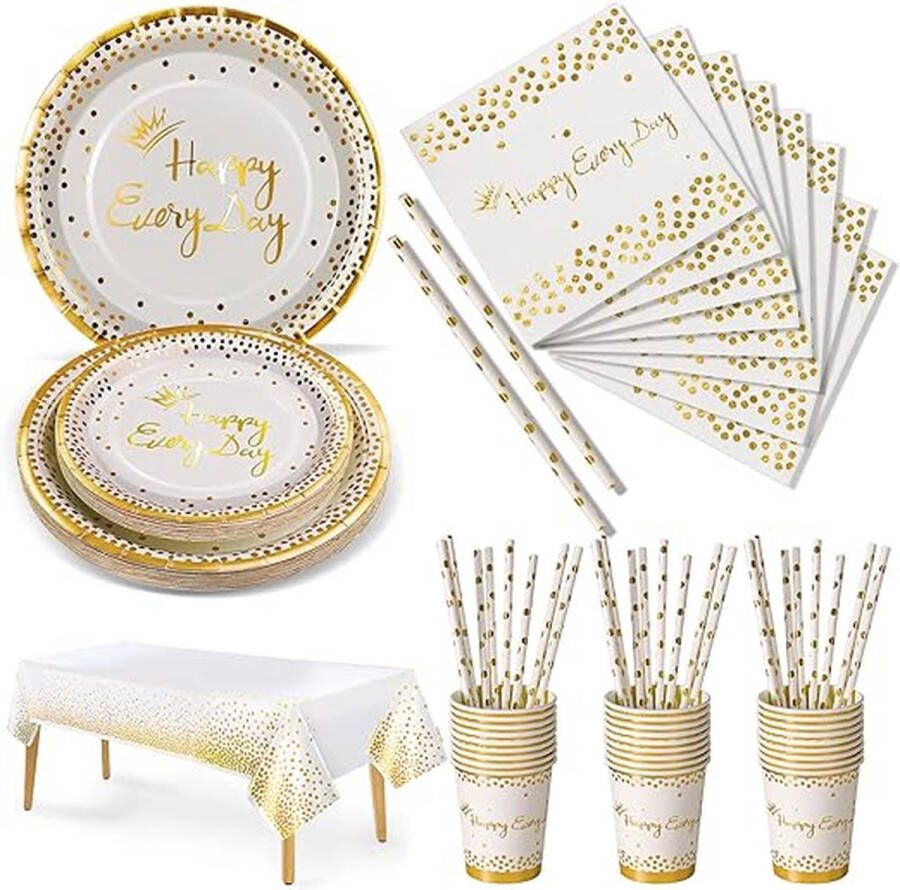 Nkaiso Papieren verjaardagsservies 126 stuks Happy Everyday Feestaccessoires Wit Goud kartonnen borden set verjaardagsservies kartonnen borden servetten voor kinderverjaardag verjaardagsfeest 25 gasten volledig milieuvriendelijk biologisch afbreekbaar