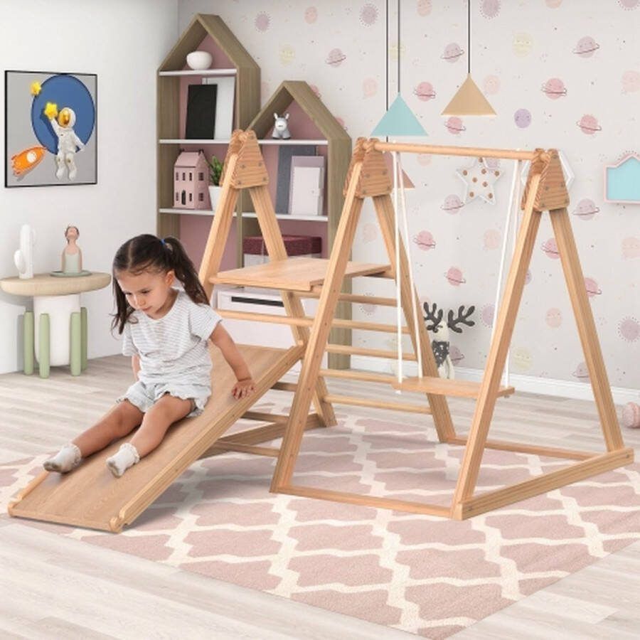 No 3 in 1 kinderspeelgoed met klimrek，Glijbaan en schommel voor kinderen houten speelgoed voor kinderen. Gemaakt van massief grenen multiplex. schommel glijbaan combinatiespeelgoed voor binnengebruik