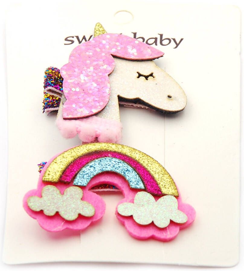 No Evil Set van 2 haarclips unicorn en regenboog met glitter roze aligatorclip