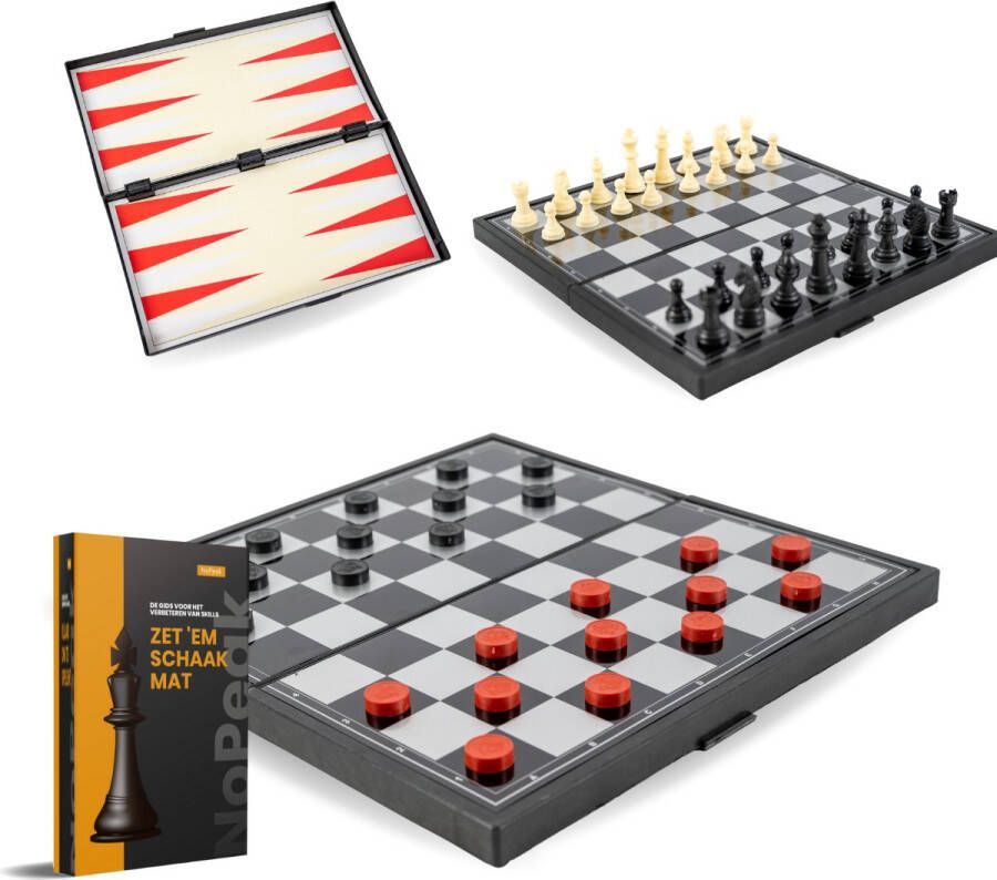No Peak 3 in 1 schaakbord Plastic Schaakspel Dammen Backgammon schaakbord met schaakstukken 3 in 1 schaakset -Inclusief E-Book