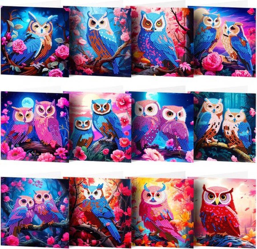 NOKAE Diamond Painting Kaarten Uilen – 12 Wenskaarten met envelop Diamond Painting Volwassenen – Diamond Painting Volledig Pakket