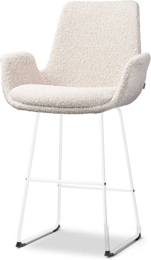 Nolon Nino-Eef Barkruk Bouclé Beige met Armleuning Wit Onderstel 65 cm Voor Kookeiland Barkruk met Rugleuning Lage Armleuning Design Scandinavisch Comfortabel