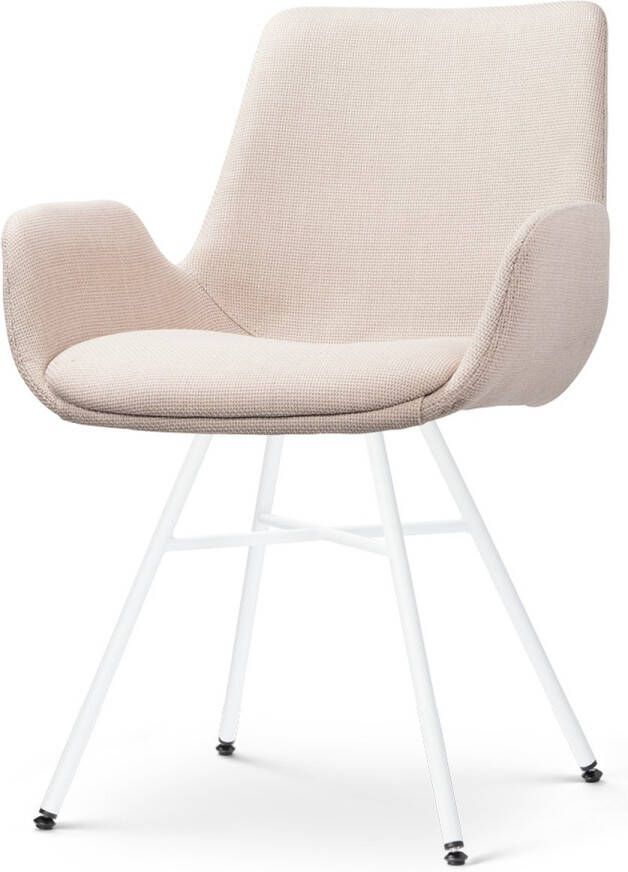 Nolon Noa-Eef Eetkamerstoel Beige met Armleuning Stof Wit Metalen Onderstel Lage Armleuning Industrieel Modern Design Comfortabel