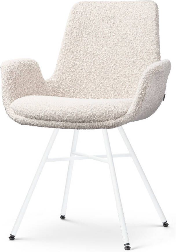 Nolon Noa-Eef Eetkamerstoel Bouclé Beige met Armleuning Stof Wit Metalen Onderstel Lage Armleuning Industrieel Modern Design Comfortabel
