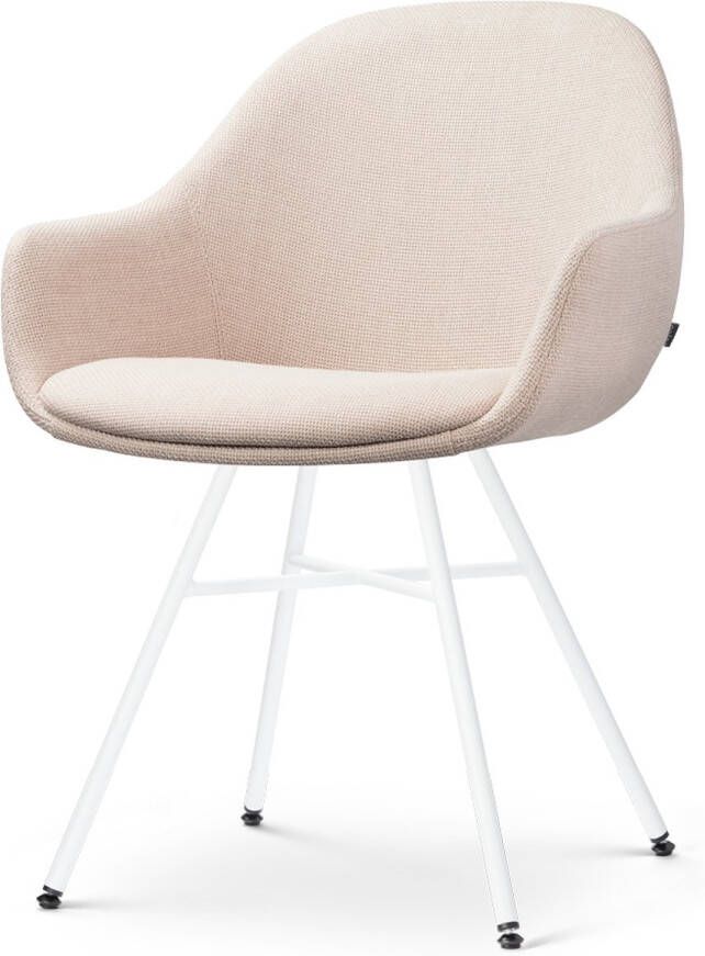 Nolon Noa-Mae Eetkamerstoel Beige met Armleuning Stof Wit Metalen Poten Design Scandinavisch Comfortabel