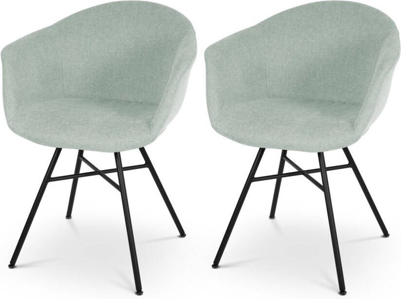 Nolon Noa-Otis Eetkamerstoel Zacht Groen met Armleuning Stof Zwarte Poten Set Van 2 Eetkamerstoelen