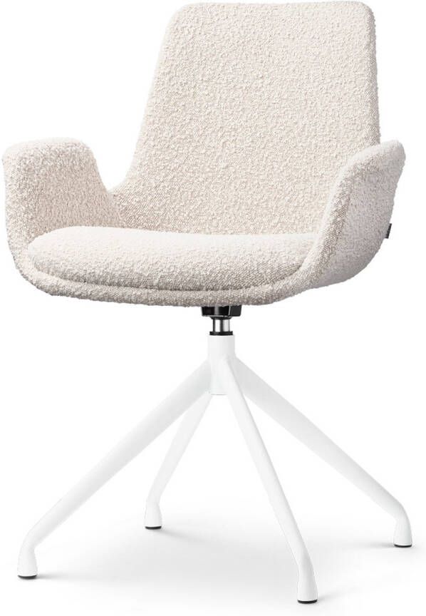 Nolon Nola-Eef Draaibare Eetkamerstoel Bouclé Beige met Armleuning Stof Wit Onderstel Lage Armleuning Design Scandinavisch Comfortabel