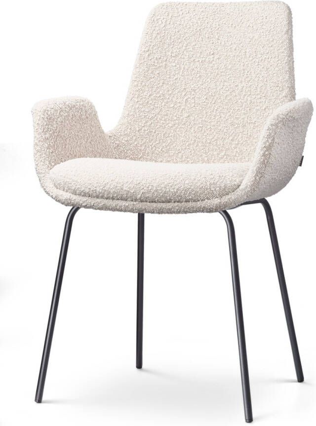 Nolon Nora-Eef Eetkamerstoel Bouclé Beige met Armleuning Stof Zwart Metalen Poten Lage Armleuning Modern Design Scandinavisch