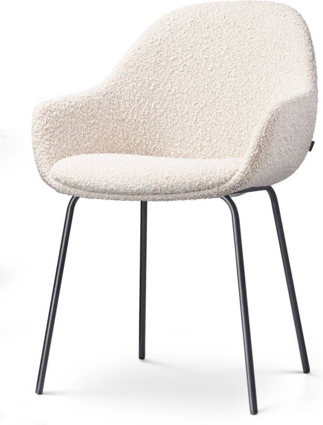 Nolon Nora-Mae Eetkamerstoel Bouclé Beige met Armleuning Stof Zwart Onderstel Design Scandinavisch Comfortabel
