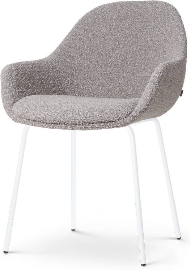 Nolon Nora-Mae Eetkamerstoel Bouclé Taupe met Armleuning Stof Wit Onderstel Design Scandinavisch Comfortabel