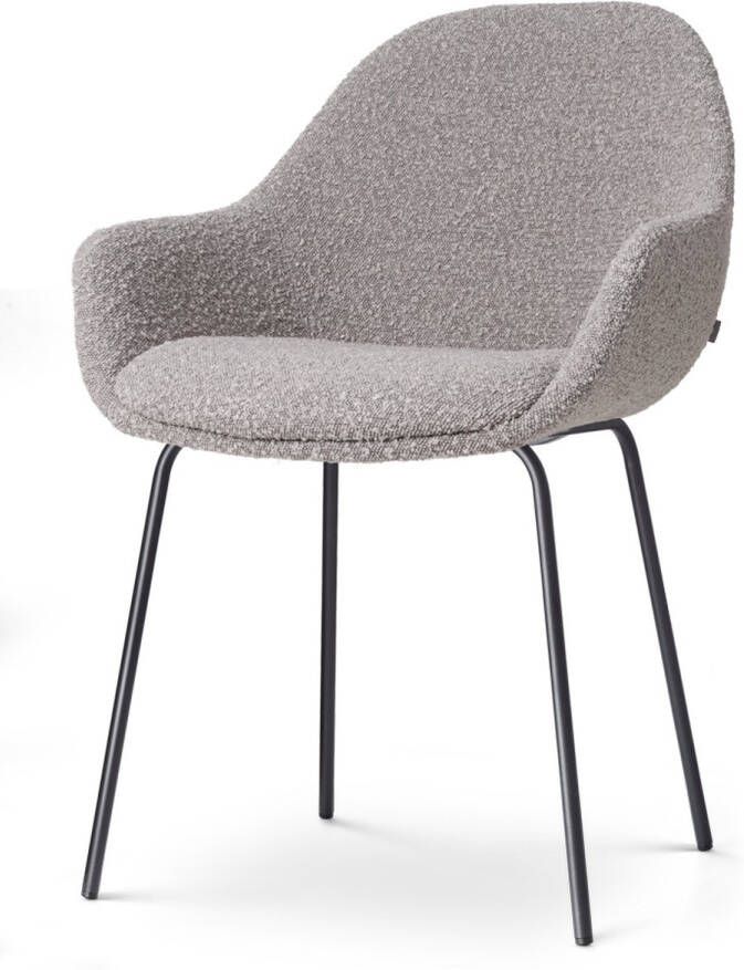Nolon Nora-Mae Eetkamerstoel Bouclé Taupe met Armleuning Stof Zwart Onderstel Design Scandinavisch Comfortabel