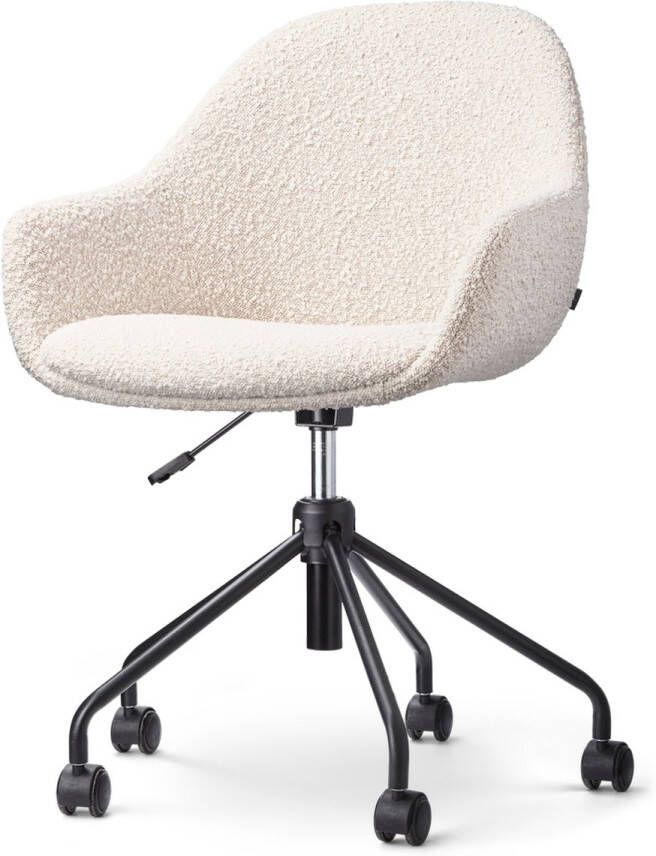 Nolon Nout-Mae Bureaustoel Bouclé Beige Stof Verstelbaar Wieltjes Zwart Onderstel Design Comfortabel