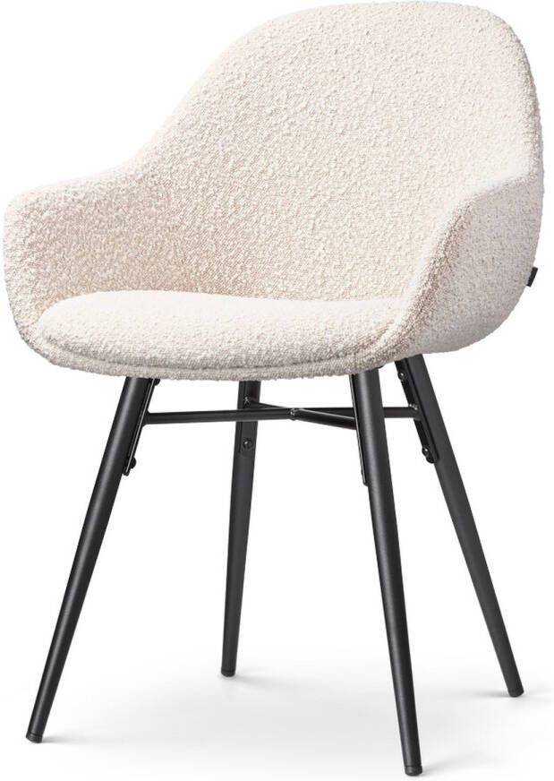 Nolon Nova-Mae Eetkamerstoel Bouclé Beige met Armleuning Stof Zwart Metalen Poten Design Scandinavisch Comfortabel