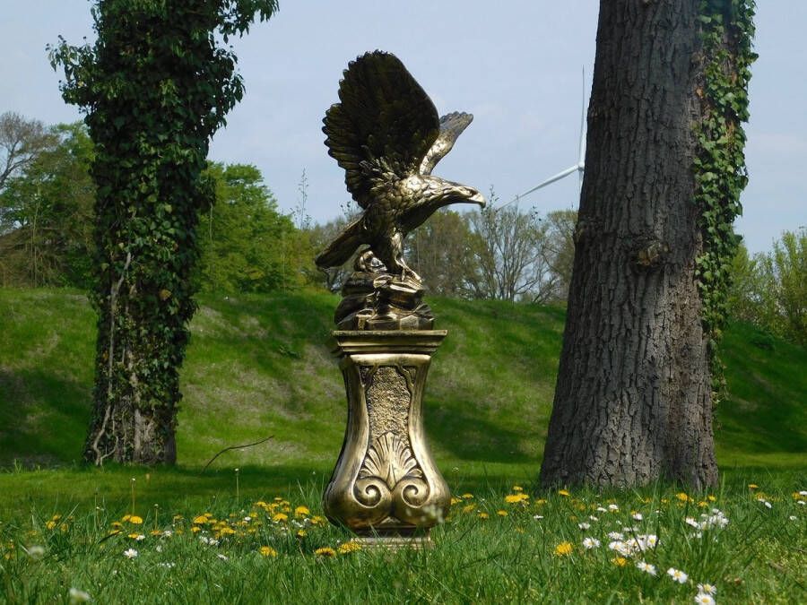Non Branded Tuinbeeld adelaar goud zwarte adelaar op sokkel exclusief beeld