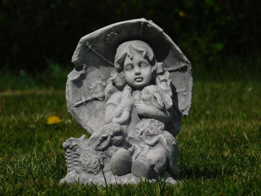 Non Branded Tuinbeeld kind meisje met konijntjes mens en dier beeld steen